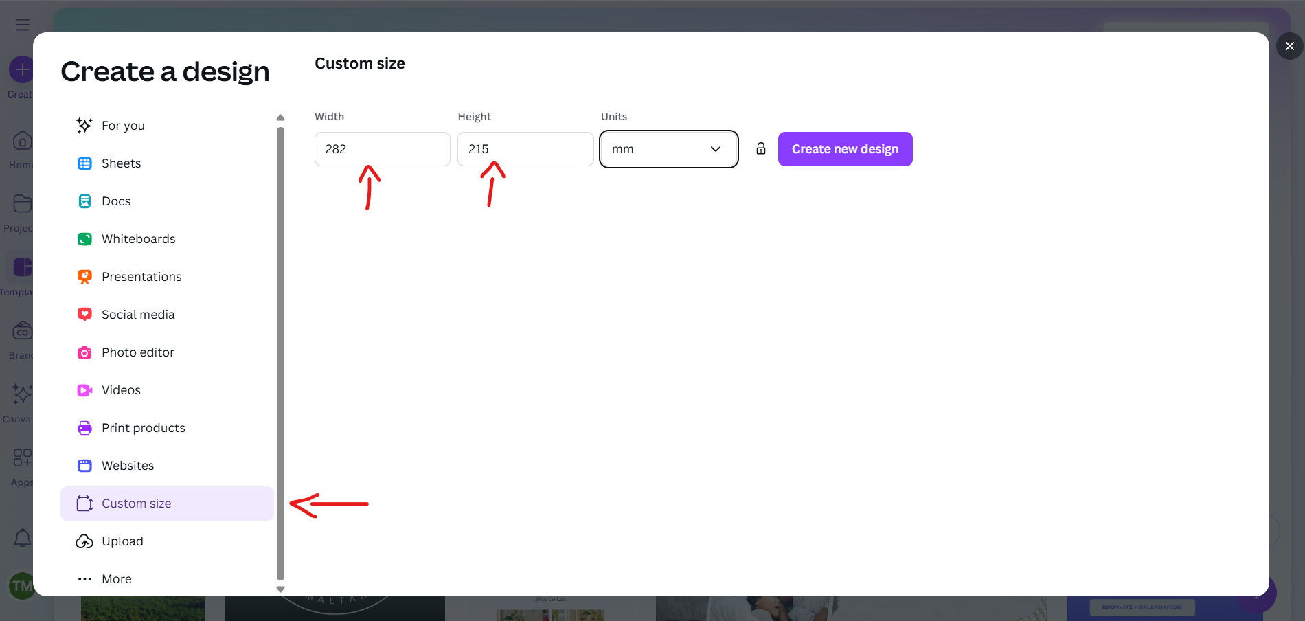 Canva: criar design com tamanho personalizado em milímetros